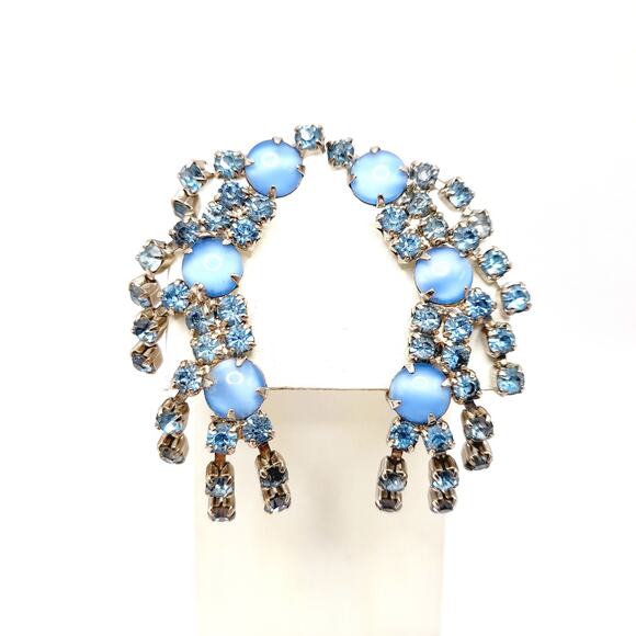 Vintage Blue Rhinestone Ear Climber Earrings Clip On Silver Tone Mid Century - Picture 3 of 7